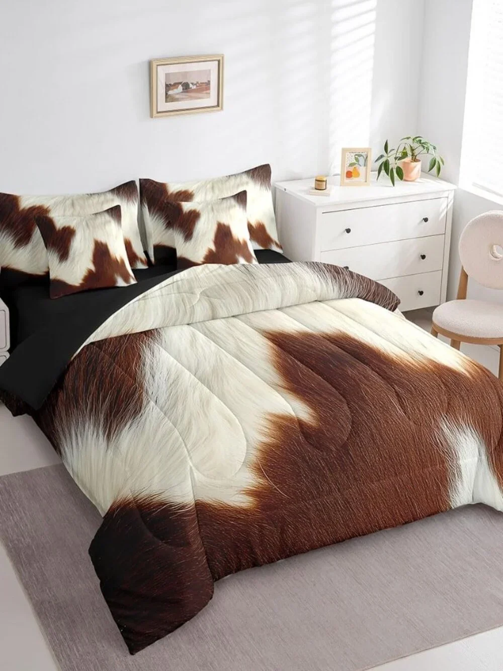 Brown Cowhide Teens Comforter Set 7 Piece Cute Cow Print Bedding Set Twin Size W